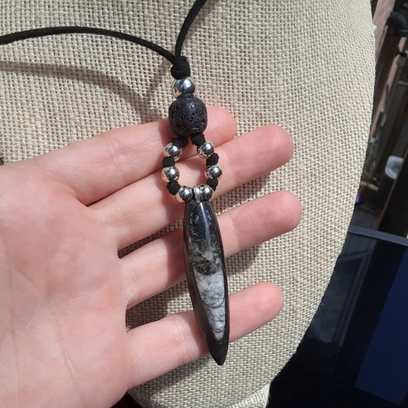 Beautiful Orthoceras Fossil/Genuine Black Leather Cord/ Lava Stone Necklace - Picture 5 of 8